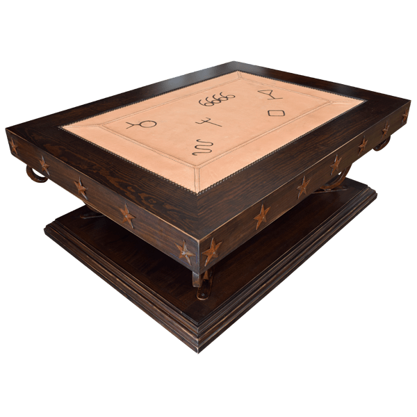 Table with Fire-Embossed Leather Central Cover and Metal Legs on Wooden Base