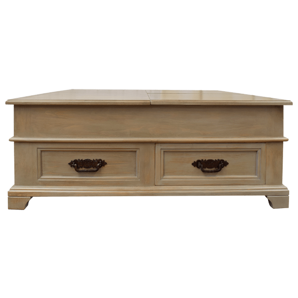 Light Wood Coffee Table with Lift Mechanism and Two Drawers with Metal Handles