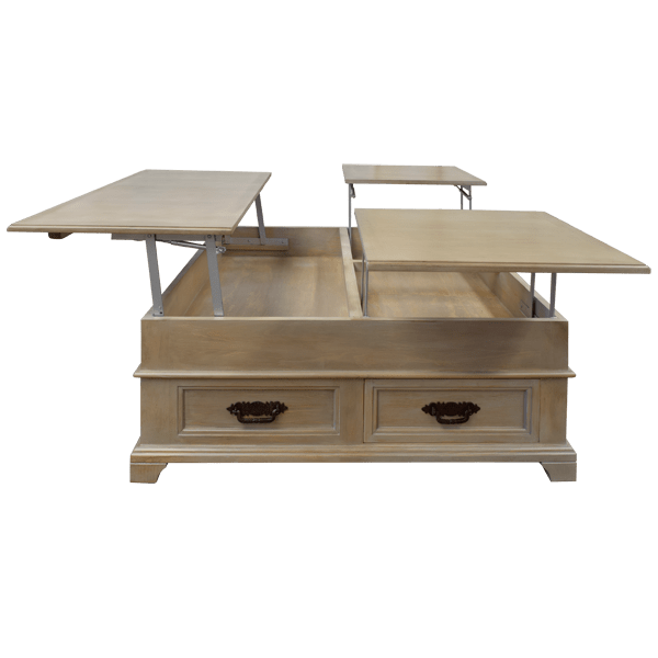 Light Wood Coffee Table with Lift Mechanism and Two Drawers with Metal Handles