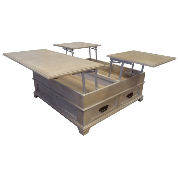 Light Wood Coffee Table with Lift Mechanism and Two Drawers with Metal Handles