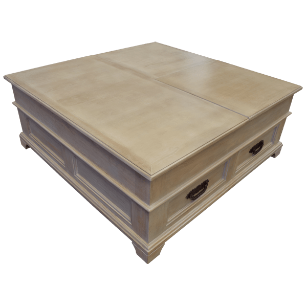 Light Wood Coffee Table with Lift Mechanism and Two Drawers with Metal Handles