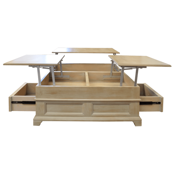 Light Wood Coffee Table with Lift Mechanism and Two Drawers with Metal Handles