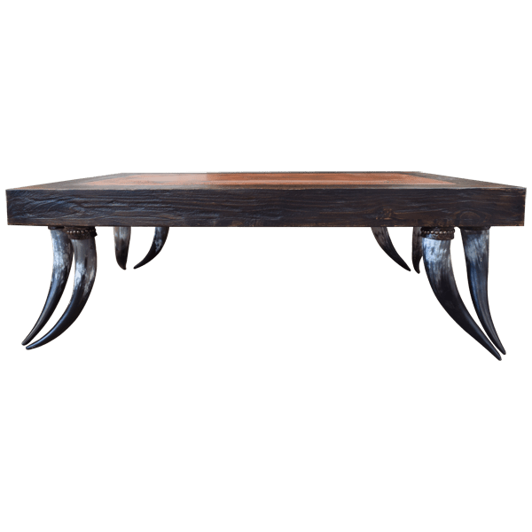 Wooden Coffee Table with Horn Legs and Copper Cover Embossed with Cowboy Details