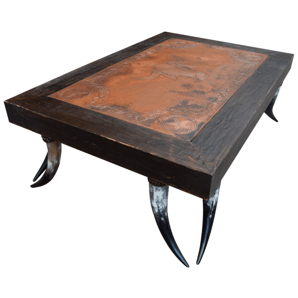 Wooden Coffee Table with Horn Legs and Copper Cover Embossed with Cowboy Details