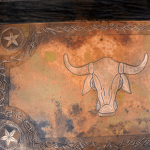 Wooden Coffee Table with Horn Legs and Copper Cover Embossed with Cowboy Details