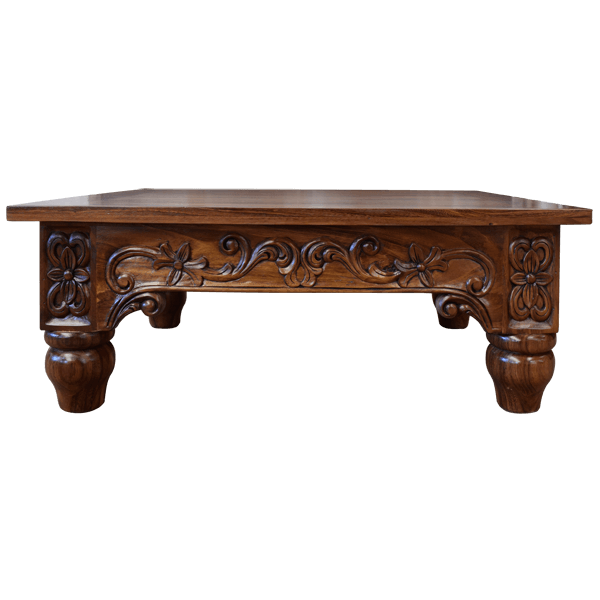 Rectangular Coffee Table with Floral and Leaf Engravings