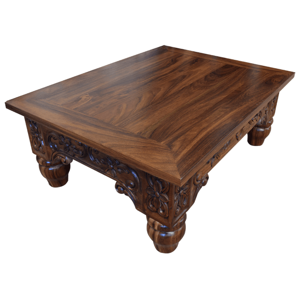 Rectangular Coffee Table with Floral and Leaf Engravings