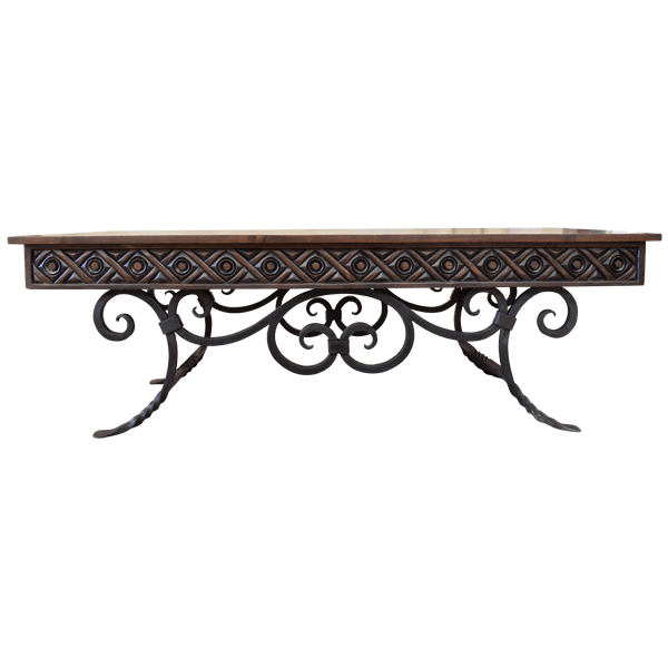 Carved Edge Coffee Table with Wrought Iron Base