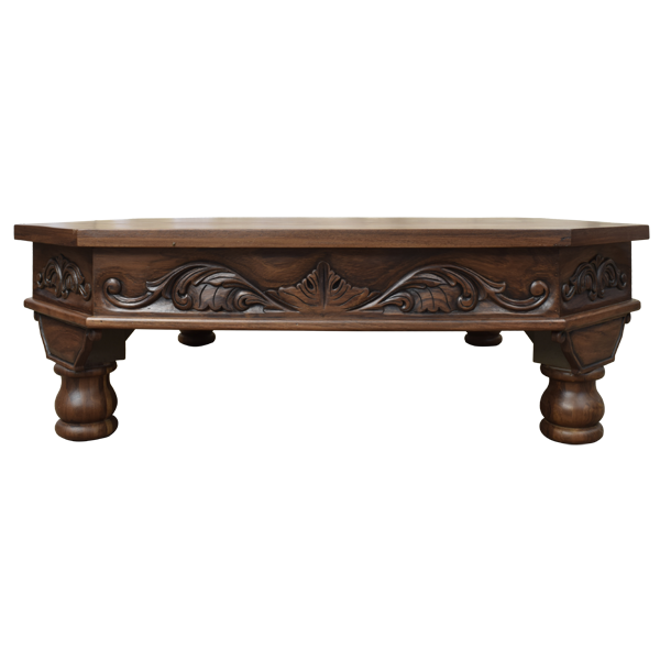 Octagonal Wooden Coffee Table with Carved Side Design and Turned Legs