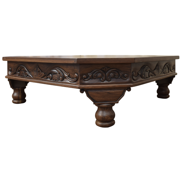 Octagonal Wooden Coffee Table with Carved Side Design and Turned Legs
