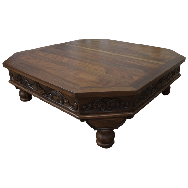 Octagonal Wooden Coffee Table with Carved Side Design and Turned Legs