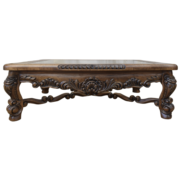 Coffee Table with Classic Design, Ornamental Floral and Scroll Carvings, and Glass Top
