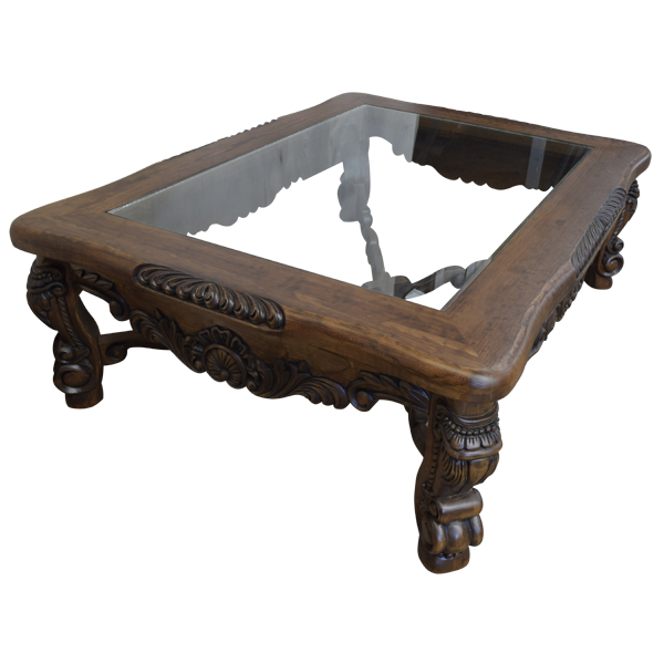Coffee Table with Classic Design, Ornamental Floral and Scroll Carvings, and Glass Top