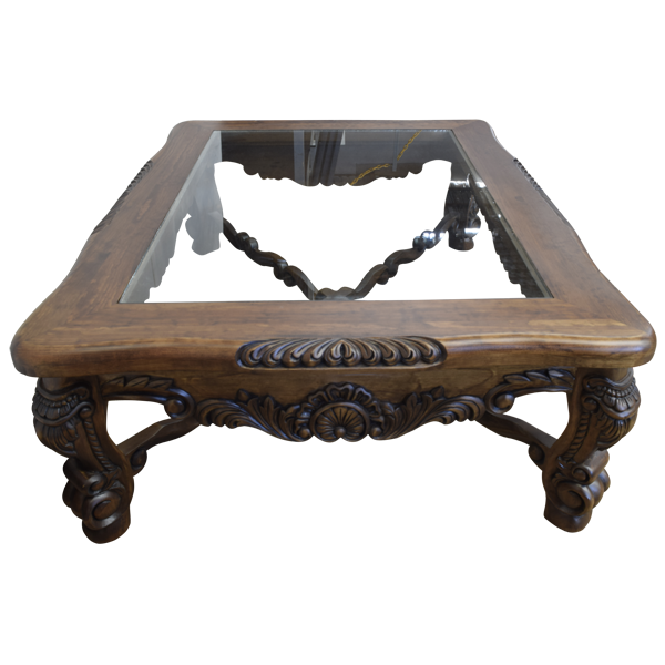 Coffee Table with Classic Design, Ornamental Floral and Scroll Carvings, and Glass Top