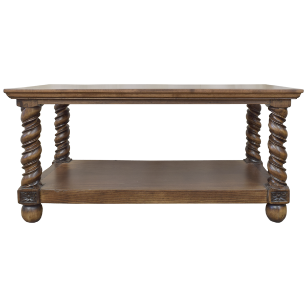 Wooden Coffee Table with Turned Legs and Lower Shelf for Storage