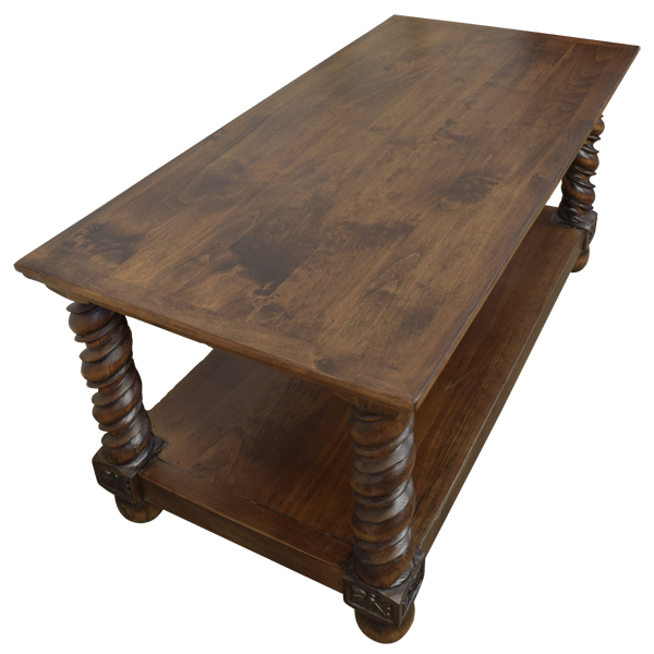 Wooden Coffee Table with Turned Legs and Lower Shelf for Storage