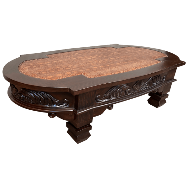 Wooden Coffee Table with Leather Center and Sturdy Legs