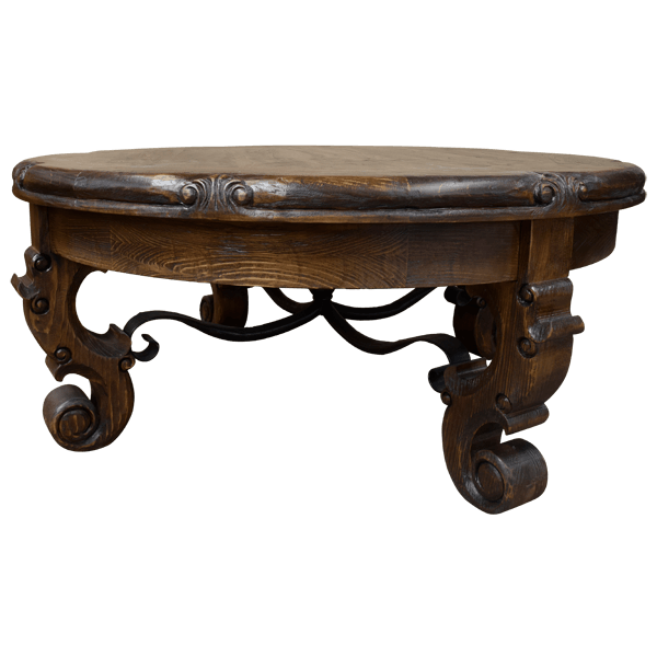 Round Wooden Coffee Table with Scroll Design Legs and Wrought Iron Details