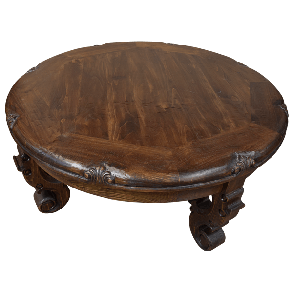 Round Wooden Coffee Table with Scroll Design Legs and Wrought Iron Details
