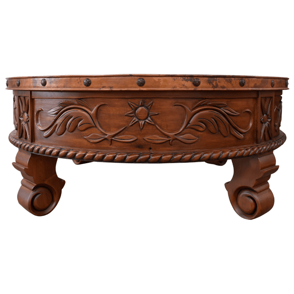 Oval Wooden Table with Floral Carvings and Star-Shaped Design