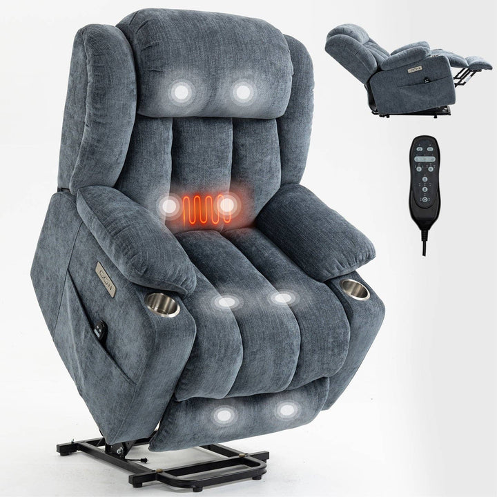 Up To 350 Lbs Chenille Power Lift Recliner Chair, Heavy Duty Motion Mechanism With 8 Point Vibration Massage And Lumbar Heating, Usb And Type C Ports, Stainless Steel Cup Holders, Blue White Metal