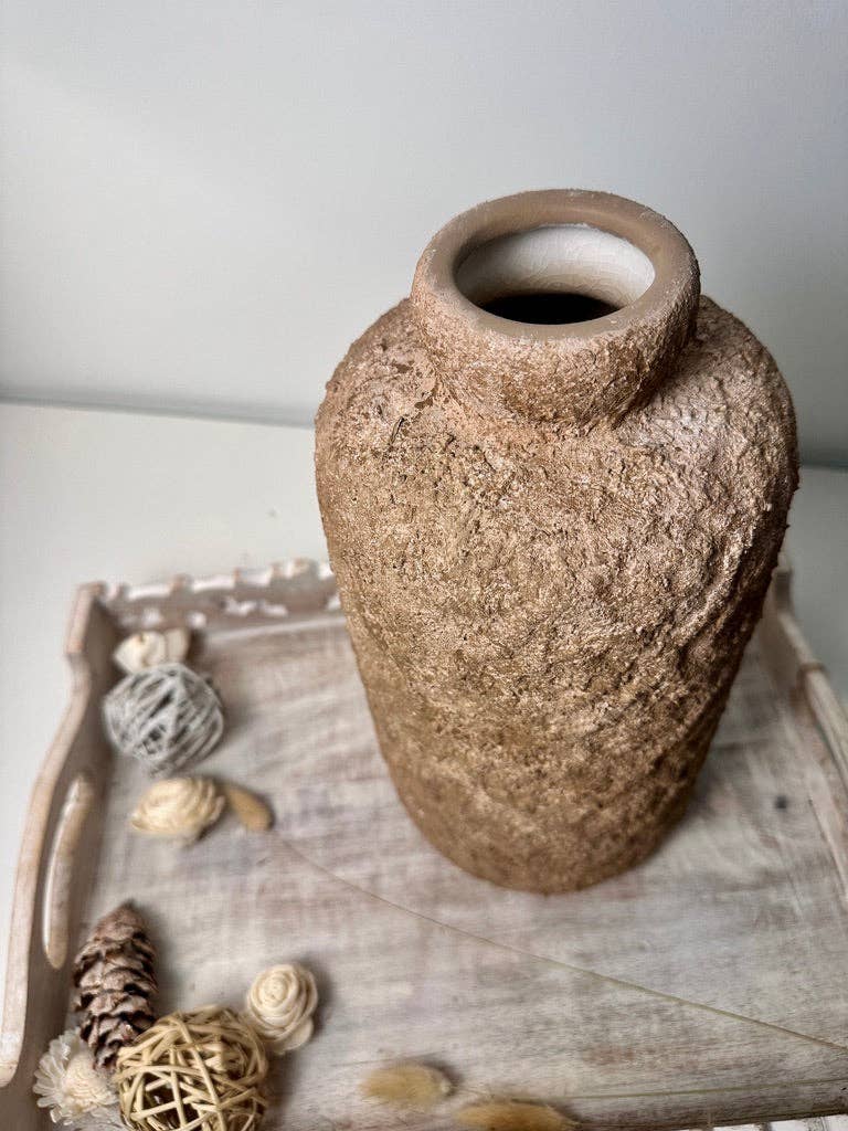 Rustic Minimalist Textured Hand-Painted Ceramic Vase 12" - Espresso Brown
