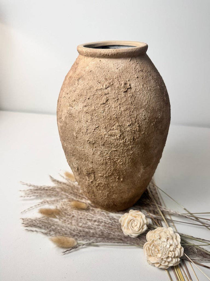 Rustic Hand-Painted Textured Vase 14" - Earth Brown