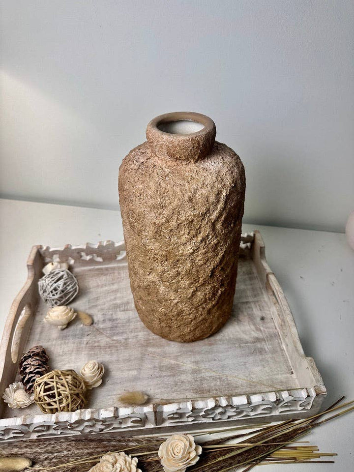 Rustic Minimalist Textured Hand-Painted Ceramic Vase 12" - Espresso Brown