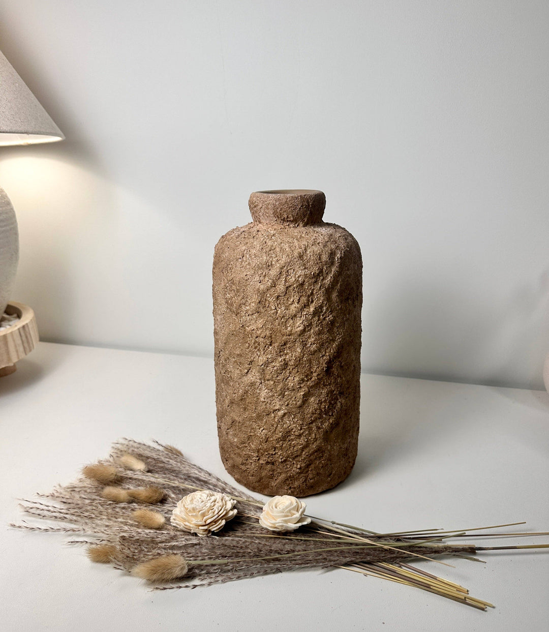 Rustic Minimalist Textured Hand-Painted Ceramic Vase 12" - Espresso Brown
