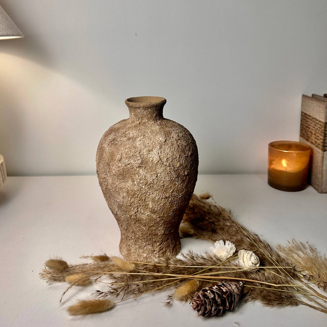 Rustic Earth Brown Textured Ceramic Vase 10" tall