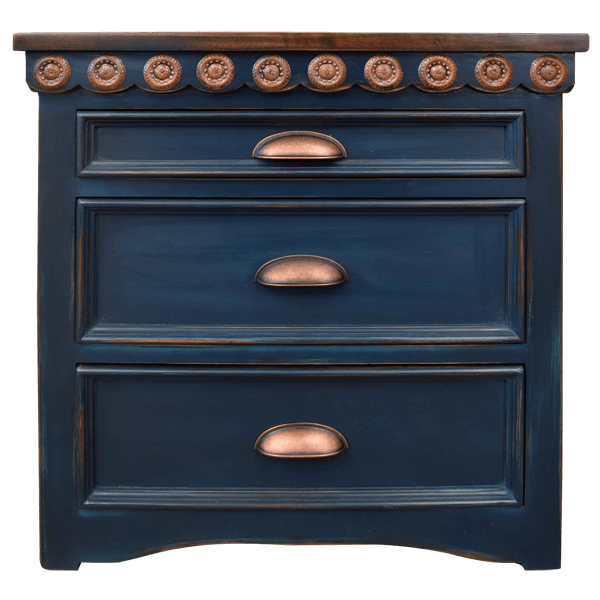 Dark Blue Wooden End Table with Copper Top and Decorative Details