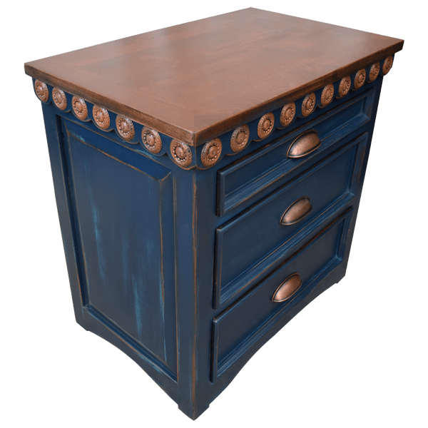 Dark Blue Wooden End Table with Copper Top and Decorative Details