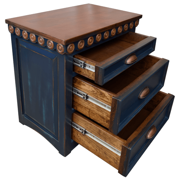 Dark Blue Wooden End Table with Copper Top and Decorative Details