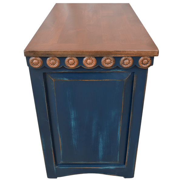 Dark Blue Wooden End Table with Copper Top and Decorative Details