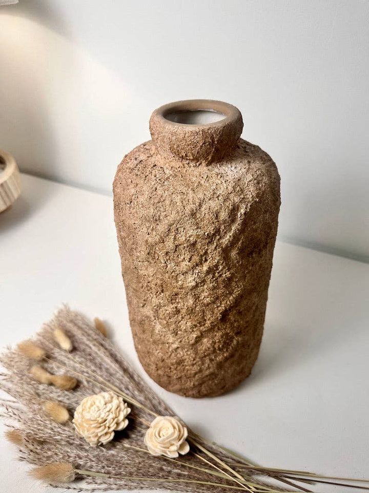 Rustic Minimalist Textured Hand-Painted Ceramic Vase 12" - Espresso Brown